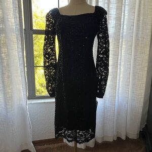 Marina Black Sequin Lace Long Sleeve Sheath Dress,  Size Small New With Tags